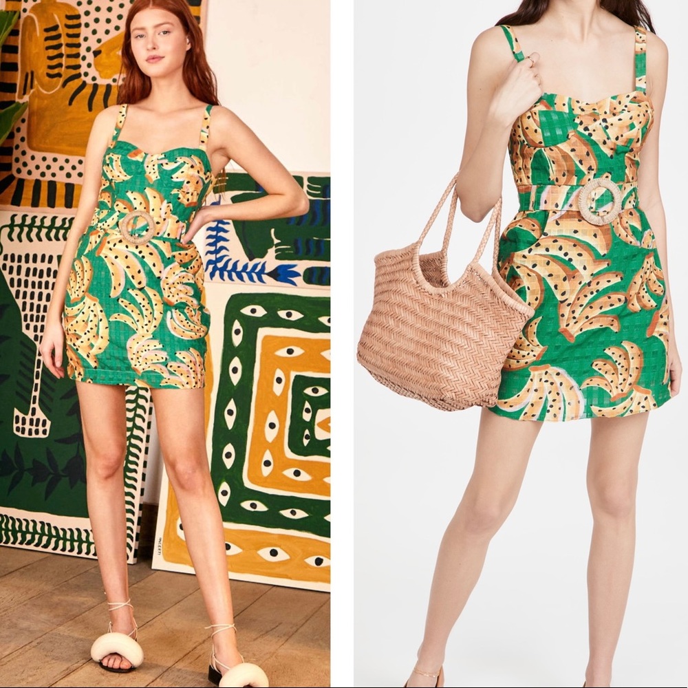 Farm Rio Green Raining Bananas Mini Dress